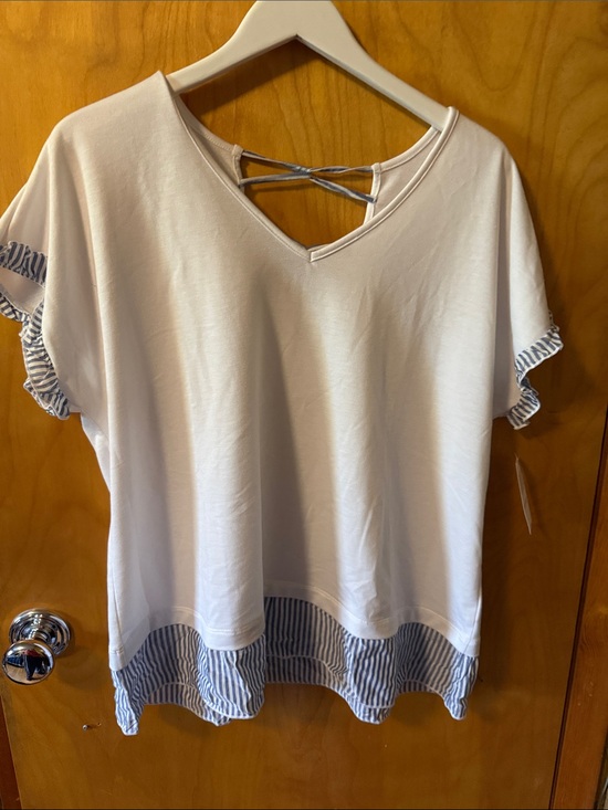 Morgan Taylor Tops - Morgan Taylor White Short-Sleeve V-Neck Top with Blue Stripe Trim